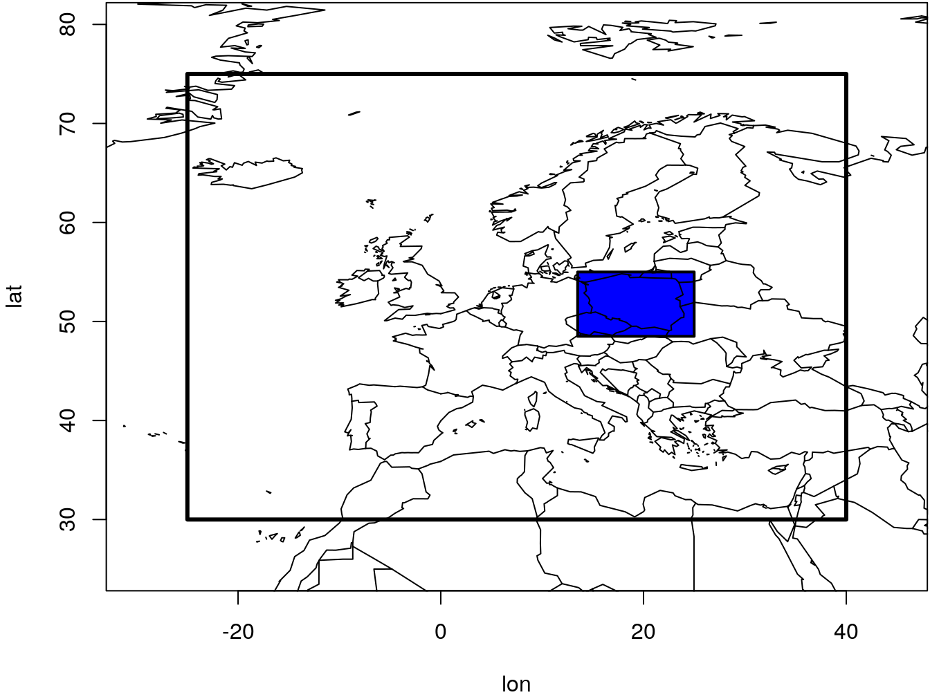 Schemat domeny obliczeniowej modelu GFS dla Europy